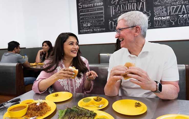 Madhuri Dixit Nene with Tim Cook enjoying Vada Pav