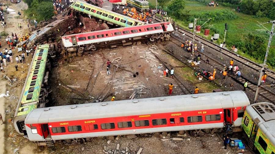 Image representing the aftermath of the Odisha train crash, depicting the wreckage and rescue operations.